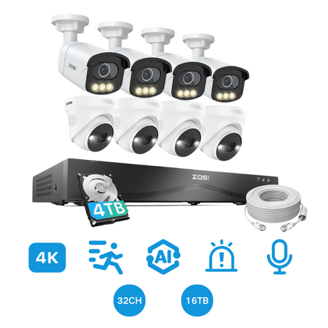 C225/C186 4K Full-Color PoE CCTV Camera System + 32CH Expandable NVR