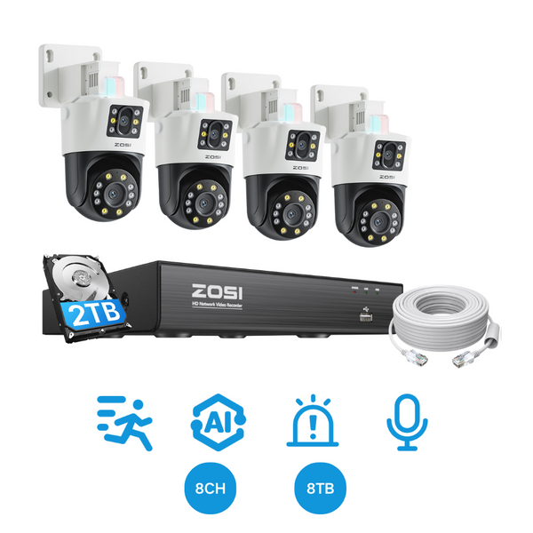 C298 Dual-Lens PT PoE Camera System + 8CH 4K PoE NVR + 2TB HDD